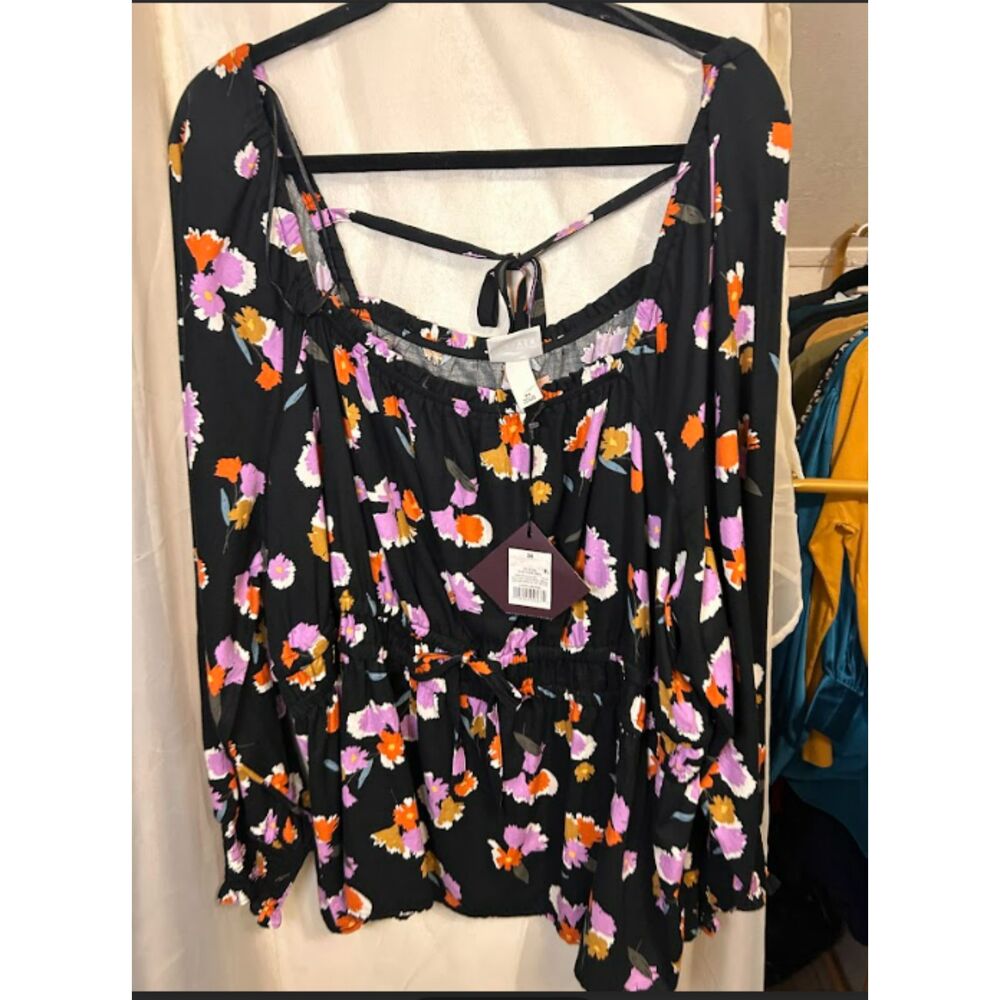 Ava & Viv Black Floral Smocked Peplum Blouse 3XL NWT Square Neck